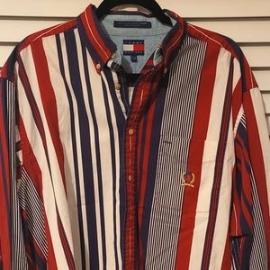 Long sleeved Tommy Hilfiger vintage button up, red, blue and white Striped shirt